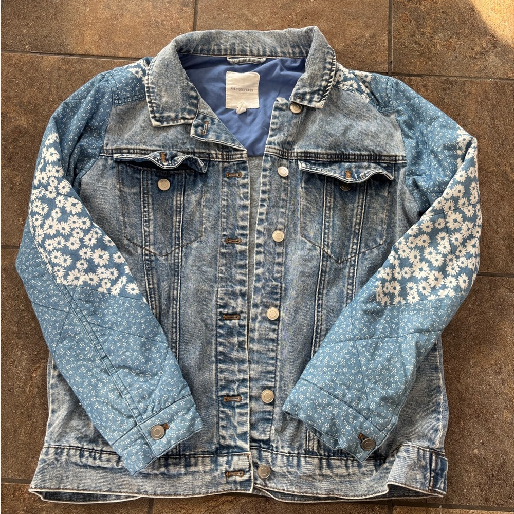 Avec Les Filles Blue Denim Jacket with Floral Patchwork Sleeves